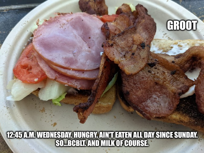 Does this count as Being a Veg Head? | GROOT; 12:45 A.M. WEDNESDAY. HUNGRY. AIN'T EATEN ALL DAY SINCE SUNDAY.
SO...BCBLT. AND MILK OF COURSE. | image tagged in groot,blt,make me a sandwich | made w/ Imgflip meme maker