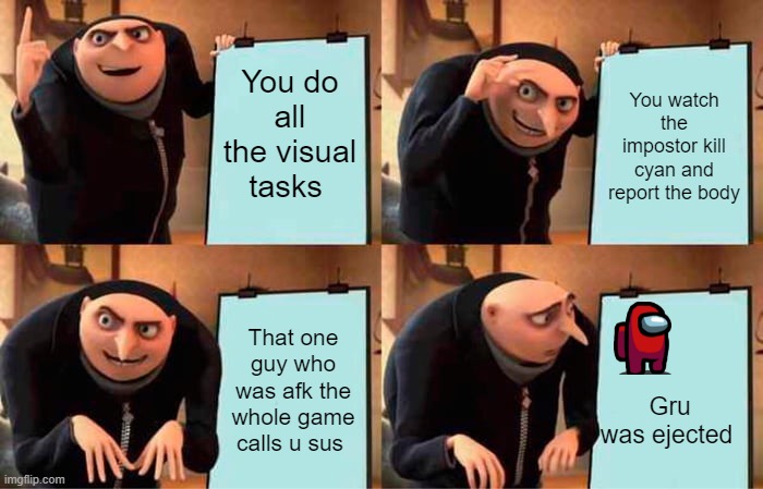 Playing among us be like | You do all the visual tasks; You watch the impostor kill cyan and report the body; That one guy who was afk the whole game calls u sus; Gru was ejected | image tagged in memes,gru's plan | made w/ Imgflip meme maker
