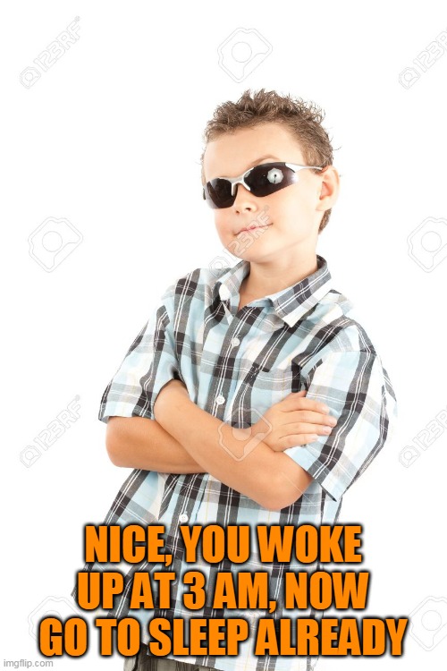 Cool kid with sunglasses | NICE, YOU WOKE UP AT 3 AM, NOW GO TO SLEEP ALREADY | image tagged in cool kid with sunglasses | made w/ Imgflip meme maker