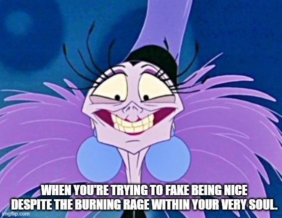 emperor new groove | WHEN YOU'RE TRYING TO FAKE BEING NICE DESPITE THE BURNING RAGE WITHIN YOUR VERY SOUL. | image tagged in emperor new groove | made w/ Imgflip meme maker