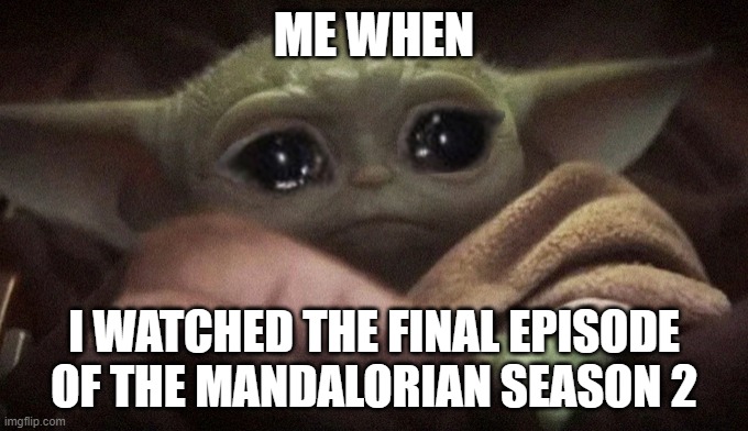 Crying Baby Yoda | ME WHEN; I WATCHED THE FINAL EPISODE OF THE MANDALORIAN SEASON 2 | image tagged in crying baby yoda | made w/ Imgflip meme maker