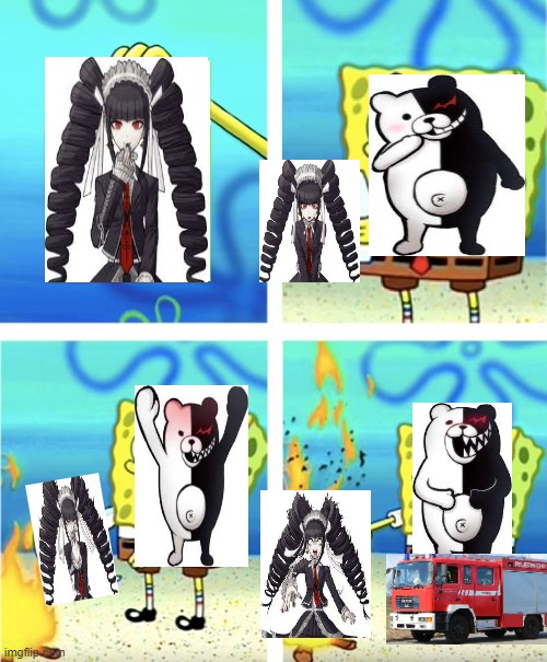 Basically Celestia Ludenberg's execution [Burning Of The Versailles Witch] | image tagged in spongebob burning paper,danganronpa,firetruck | made w/ Imgflip meme maker