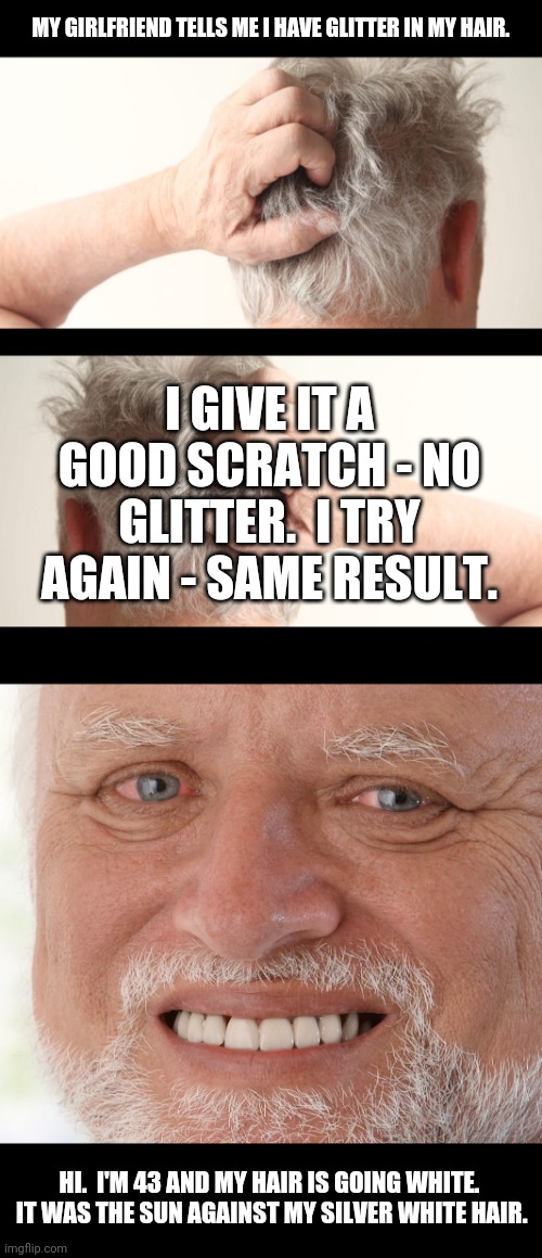 As if I don't have a getting old complex... | MY GIRLFRIEND TELLS ME I HAVE GLITTER IN MY HAIR. I GIVE IT A GOOD SCRATCH - NO GLITTER.  I TRY AGAIN - SAME RESULT. HI.  I'M 43 AND MY HAIR IS GOING WHITE.  IT WAS THE SUN AGAINST MY SILVER WHITE HAIR. | image tagged in hide the pain harold,getting old | made w/ Imgflip meme maker