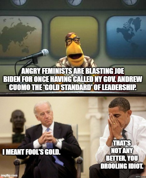 It's always FUN when the Mainstream Media 'explains' what Joe . . . really meant. | ANGRY FEMINISTS ARE BLASTING JOE BIDEN FOR ONCE HAVING CALLED NY GOV. ANDREW CUOMO THE 'GOLD STANDARD' OF LEADERSHIP. THAT'S NOT ANY BETTER, YOU DROOLING IDIOT. I MEANT FOOL'S GOLD. | image tagged in dementia joe | made w/ Imgflip meme maker