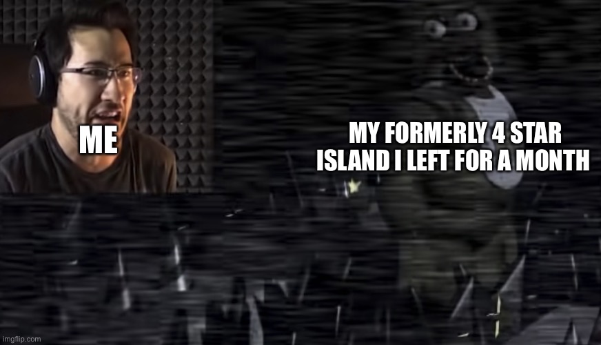 bruh | MY FORMERLY 4 STAR ISLAND I LEFT FOR A MONTH; ME | image tagged in markiplier and chica,animal crossing | made w/ Imgflip meme maker