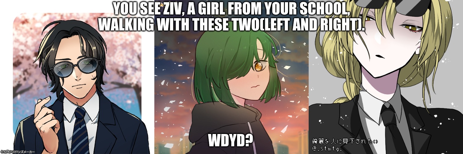 Another ziv roleplay ??? | YOU SEE ZIV, A GIRL FROM YOUR SCHOOL, WALKING WITH THESE TWO(LEFT AND RIGHT). WDYD? | made w/ Imgflip meme maker