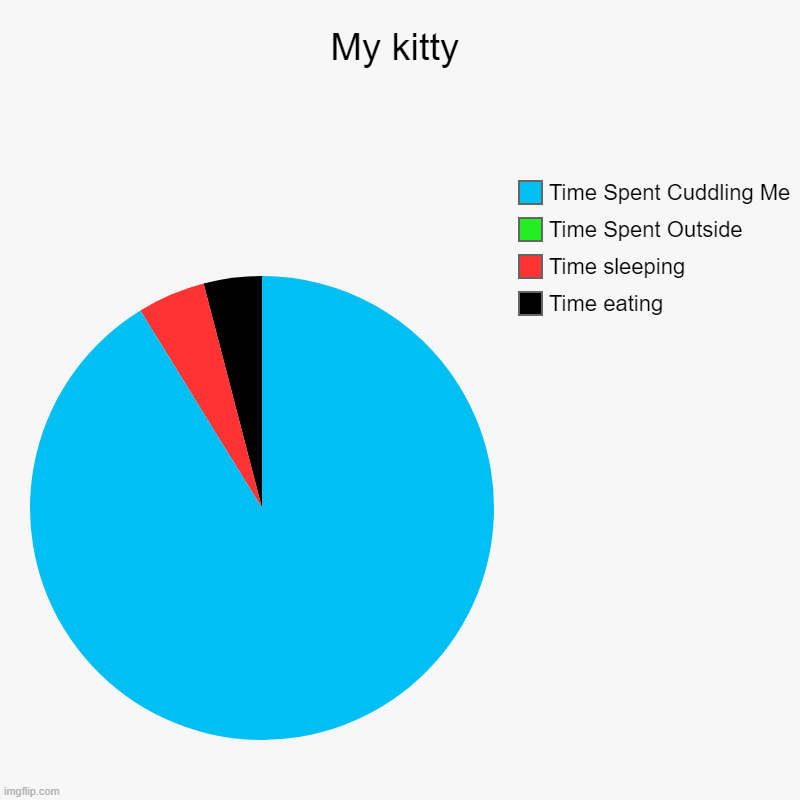 My kitty >w< ᓚᘏᗢ ヾ(•ω•`)o  o(^▽^)o | My kitty | Time eating, Time sleeping, Time Spent Outside, Time Spent Cuddling Me | image tagged in charts,pie charts | made w/ Imgflip chart maker