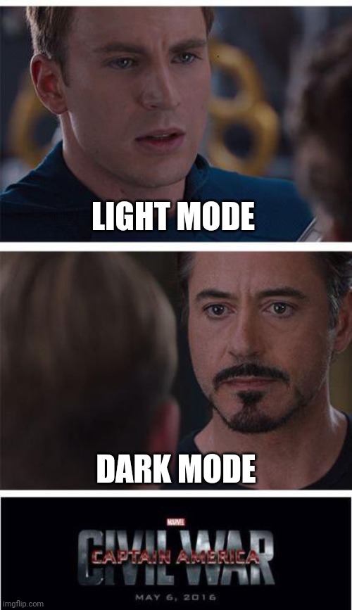 Who else is team tony | LIGHT MODE; DARK MODE | image tagged in memes,marvel civil war 1,light mode,dark mode | made w/ Imgflip meme maker