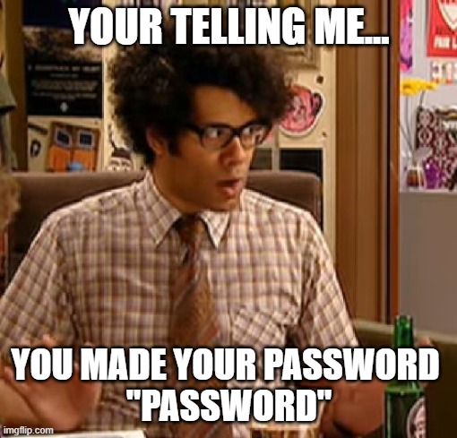 your password is "password" | YOUR TELLING ME... YOU MADE YOUR PASSWORD 
"PASSWORD" | image tagged in moss,it crowd,password | made w/ Imgflip meme maker