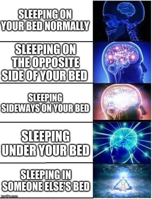 Different stages of sleeping on a bed | SLEEPING ON YOUR BED NORMALLY; SLEEPING ON THE OPPOSITE SIDE OF YOUR BED; SLEEPING SIDEWAYS ON YOUR BED; SLEEPING UNDER YOUR BED; SLEEPING IN SOMEONE ELSE'S BED | image tagged in expanding brain 5 panel,fun,bed,meme,yeah this is big brain time | made w/ Imgflip meme maker