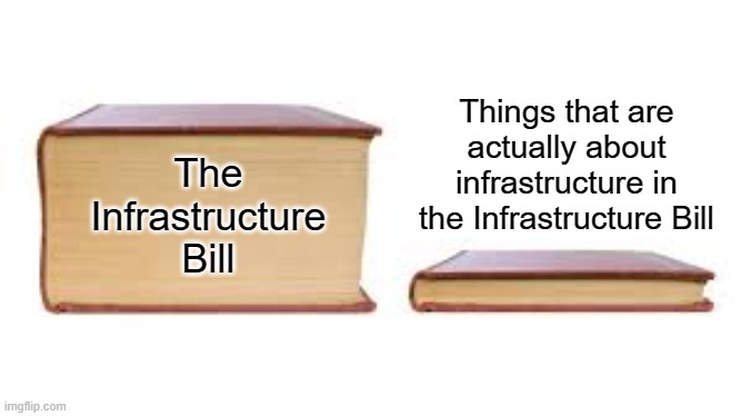 What corruption looks like, 2507 pages of a few great ideas buried under pet projects, money laundering, and hidden laws. Bad Co | Things that are actually about infrastructure in the Infrastructure Bill; The Infrastructure Bill | image tagged in big book small book,infrastructure bill,corruption | made w/ Imgflip meme maker