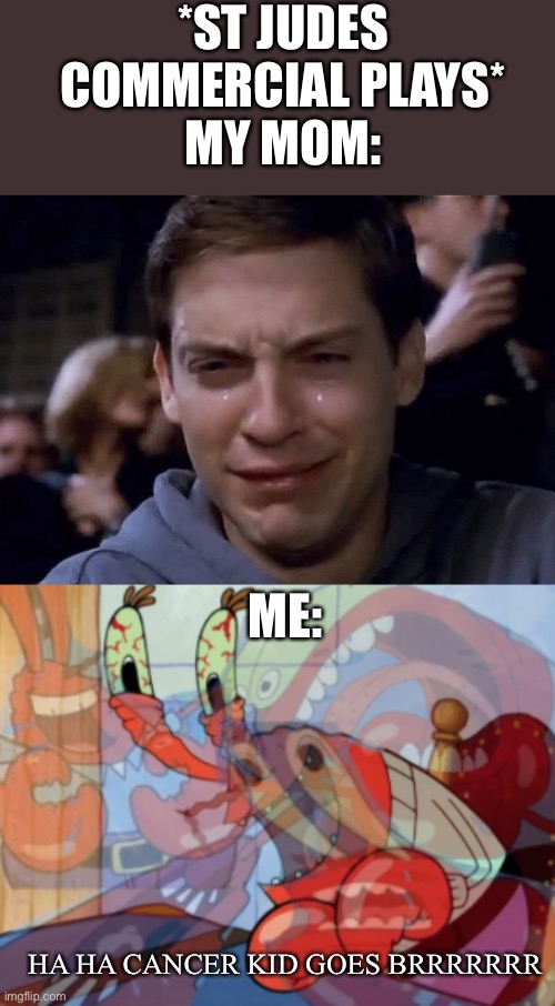 So funny | *ST JUDES COMMERCIAL PLAYS*
MY MOM:; ME:; HA HA CANCER KID GOES BRRRRRRR | image tagged in spiderman cry,mr krabs laugh | made w/ Imgflip meme maker