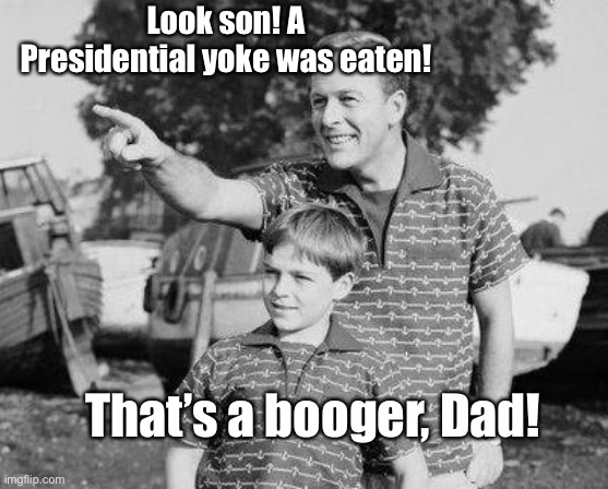 What do kids know, anyway? | Look son! A Presidential yoke was eaten! That’s a booger, Dad! | image tagged in memes,look son,booger,yoke,joe biden,presidential | made w/ Imgflip meme maker
