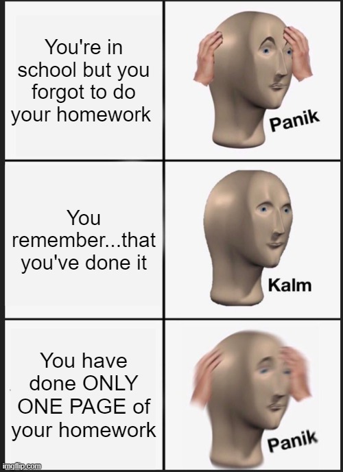 Here Sir/Ma'am, is my incomplete homework | You're in school but you forgot to do your homework; You remember...that  you've done it; You have done ONLY ONE PAGE of your homework | image tagged in memes,panik kalm panik | made w/ Imgflip meme maker