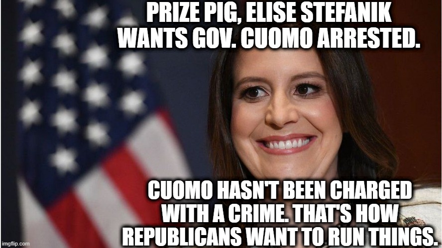 No Republican Comments Unless You Acknowledge Gaetz, hypocrites. | PRIZE PIG, ELISE STEFANIK WANTS GOV. CUOMO ARRESTED. CUOMO HASN'T BEEN CHARGED WITH A CRIME. THAT'S HOW REPUBLICANS WANT TO RUN THINGS. | image tagged in gaetz,cuomo,stafanik,crime,gop,republicans | made w/ Imgflip meme maker