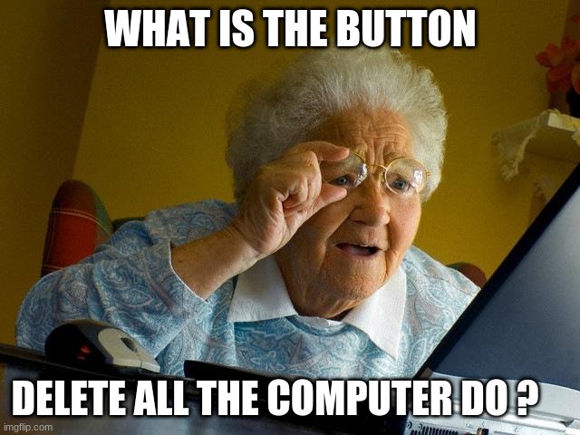 Grandma Finds The Internet | WHAT IS THE BUTTON; DELETE ALL THE COMPUTER DO ? | image tagged in memes,grandma finds the internet | made w/ Imgflip meme maker