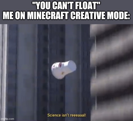Science isn’t reeeaaal! | "YOU CAN'T FLOAT"
ME ON MINECRAFT CREATIVE MODE: | image tagged in science isn t reeeaaal | made w/ Imgflip meme maker