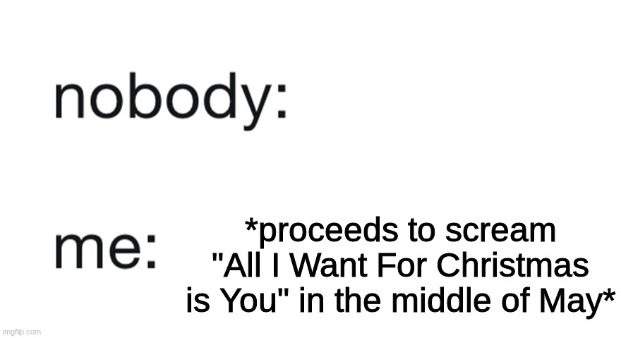 nobody: me: | *proceeds to scream "All I Want For Christmas is You" in the middle of May* | image tagged in nobody me | made w/ Imgflip meme maker