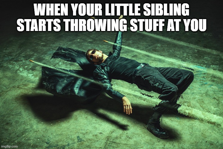 remake, matrix 2.0 | WHEN YOUR LITTLE SIBLING STARTS THROWING STUFF AT YOU | image tagged in neo matrix dodging bullets | made w/ Imgflip meme maker