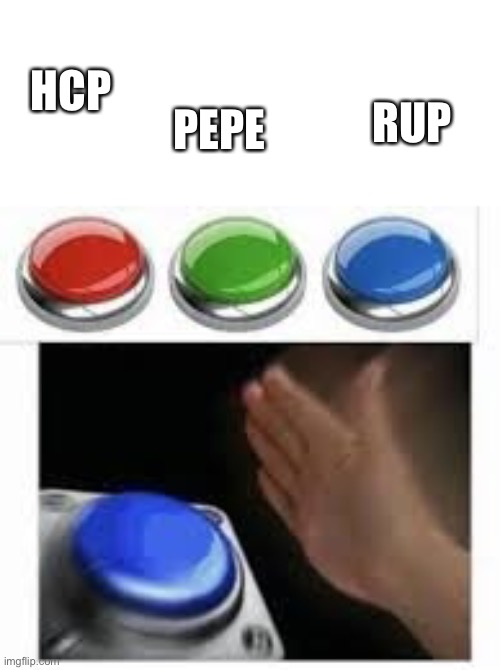 Make the Right Choice! Vote RUP! | RUP; PEPE; HCP | image tagged in blank nut button with 3 buttons above | made w/ Imgflip meme maker