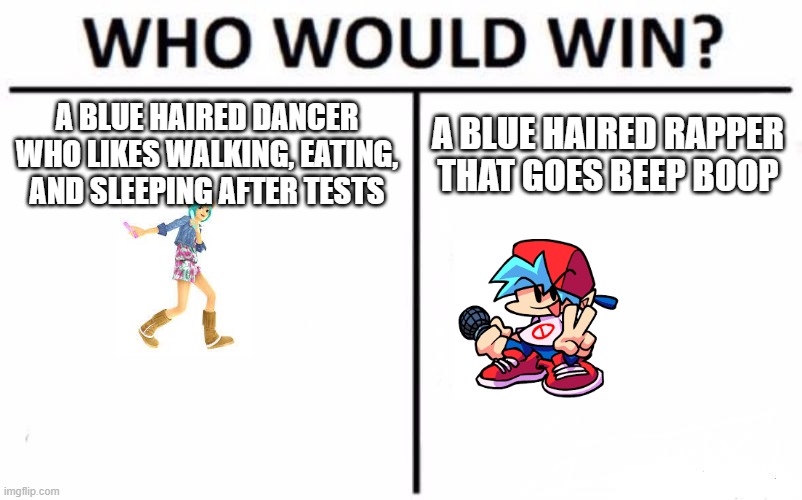 why am i still promoting the rena mod? | A BLUE HAIRED DANCER WHO LIKES WALKING, EATING, AND SLEEPING AFTER TESTS; A BLUE HAIRED RAPPER THAT GOES BEEP BOOP | image tagged in memes,who would win,fnf,ddr | made w/ Imgflip meme maker