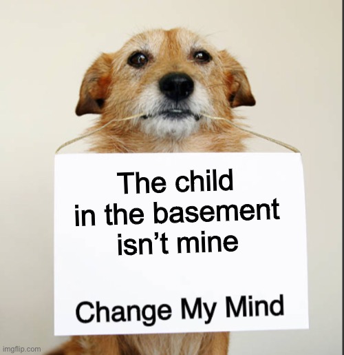 NO ONE NO ONE EVER IS TO BLAME | The child in the basement isn’t mine | image tagged in change my mind dog | made w/ Imgflip meme maker
