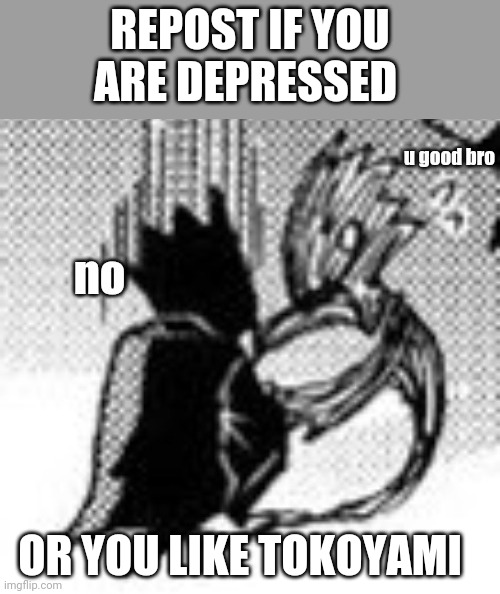 :) | REPOST IF YOU ARE DEPRESSED; OR YOU LIKE TOKOYAMI | image tagged in tokoyami is not good bro | made w/ Imgflip meme maker