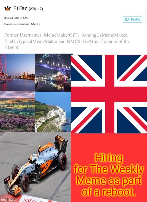 The Weekly Meme is returning and I'm hiring so if you want to be an article researcher, just contact me in the comments. | Hiring for The Weekly Meme as part of a reboot. | image tagged in f1fan announcement template | made w/ Imgflip meme maker