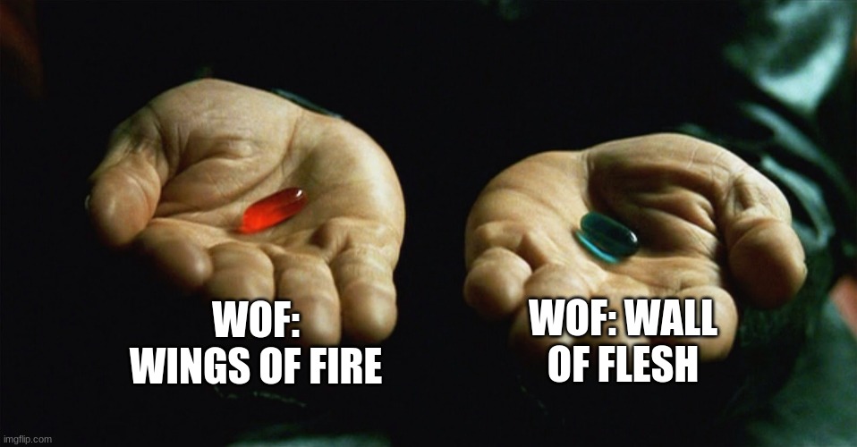 Wings of fire and Terraria | WOF: WINGS OF FIRE; WOF: WALL OF FLESH | image tagged in red pill blue pill | made w/ Imgflip meme maker
