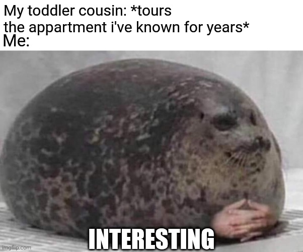 Based on a true story |  My toddler cousin: *tours the appartment i've known for years*; Me:; INTERESTING | image tagged in fat seal with interlocked hands,toddler,baby,interesting,cousin | made w/ Imgflip meme maker