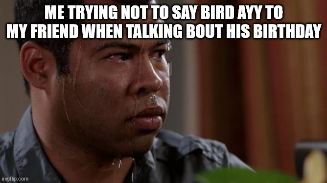 aaaaaaaaaaaaaaa | ME TRYING NOT TO SAY BIRD AYY TO MY FRIEND WHEN TALKING BOUT HIS BIRTHDAY | image tagged in sweating bullets | made w/ Imgflip meme maker