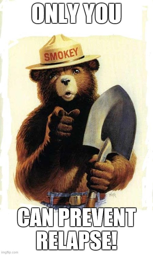 Smokey The Bear | ONLY YOU; CAN PREVENT RELAPSE! | image tagged in smokey the bear | made w/ Imgflip meme maker