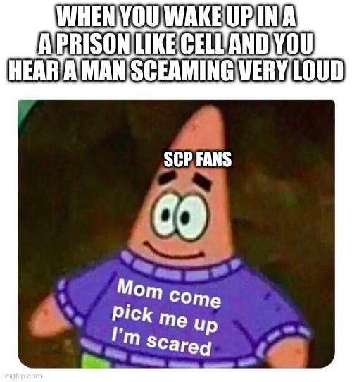 Oh no | WHEN YOU WAKE UP IN A A PRISON LIKE CELL AND YOU HEAR A MAN SCEAMING VERY LOUD; SCP FANS | image tagged in patrick mom come pick me up i'm scared,scp 096,oh wow are you actually reading these tags | made w/ Imgflip meme maker
