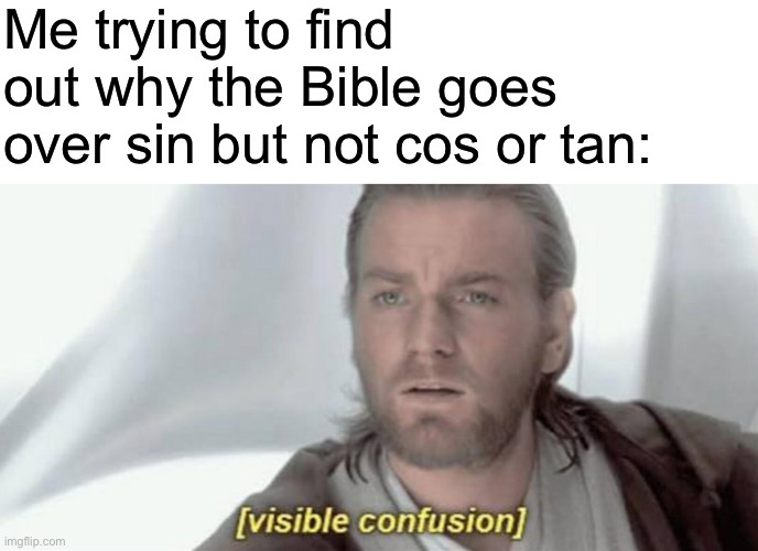 Funny math words | Me trying to find out why the Bible goes over sin but not cos or tan: | image tagged in visible confusion | made w/ Imgflip meme maker