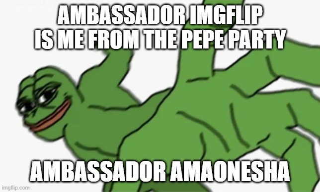 ambassador amaonesha | AMBASSADOR IMGFLIP IS ME FROM THE PEPE PARTY; AMBASSADOR AMAONESHA | image tagged in pepe punch,pepe party,pepe,pepe the frog,imgflip presidents | made w/ Imgflip meme maker