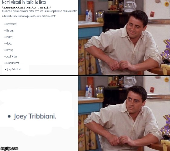 *Sad Joey Tribbiani noises* | "BANNED NAMES IN ITALY: THE LIST" | image tagged in comprehending joey,italy | made w/ Imgflip meme maker
