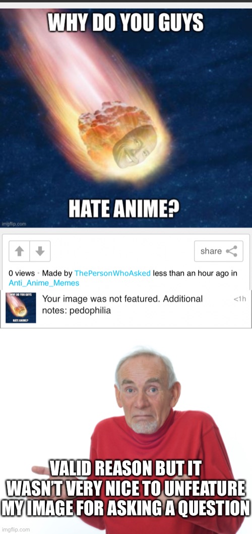 I also posted this in the same stream | VALID REASON BUT IT WASN’T VERY NICE TO UNFEATURE MY IMAGE FOR ASKING A QUESTION | image tagged in guess i'll die | made w/ Imgflip meme maker