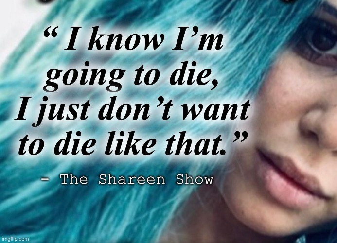 What is it | “ I know I’m going to die, I just don’t want to die like that.”; - The Shareen Show | image tagged in mental health,child abuse,awareness,google images,suicide,help | made w/ Imgflip meme maker