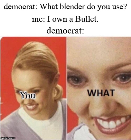 Not that I ever have any conversations about blenders, of course, but you know what I mean. lol | democrat: What blender do you use? me: I own a Bullet. democrat:; You | image tagged in blender,the what,politics,owner,reaction,bullet | made w/ Imgflip meme maker