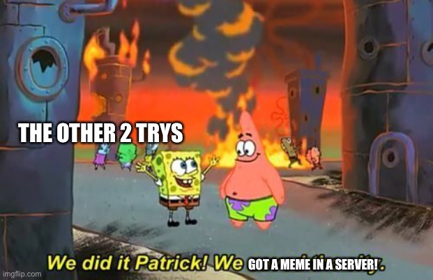 We Did it Patrick | THE OTHER 2 TRYS GOT A MEME IN A SERVER! | image tagged in we did it patrick | made w/ Imgflip meme maker