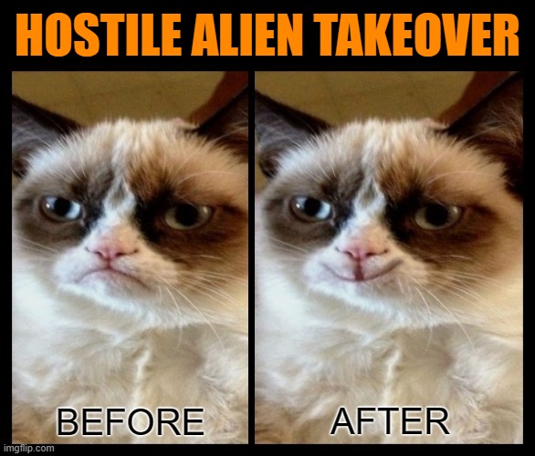 Grumpy "Schadenfreude" Cat | HOSTILE ALIEN TAKEOVER | image tagged in grumpy cat - before and after,villain,aliens,cats,world domination,grumpy cat | made w/ Imgflip meme maker
