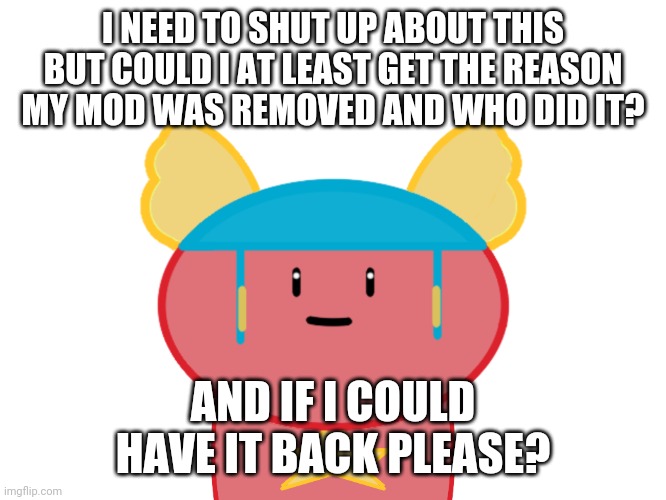 :( | I NEED TO SHUT UP ABOUT THIS BUT COULD I AT LEAST GET THE REASON MY MOD WAS REMOVED AND WHO DID IT? AND IF I COULD HAVE IT BACK PLEASE? | image tagged in damn bro | made w/ Imgflip meme maker