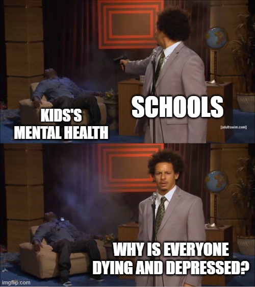 "why?' OH I DUNNO, ALL THE FUNKIN' HOMEWORK'S MAYBE WHY!! | SCHOOLS; KIDS'S MENTAL HEALTH; WHY IS EVERYONE DYING AND DEPRESSED? | image tagged in memes,who killed hannibal | made w/ Imgflip meme maker