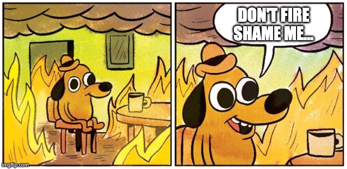This is Fine (Blank) | DON'T FIRE SHAME ME... | image tagged in this is fine blank | made w/ Imgflip meme maker