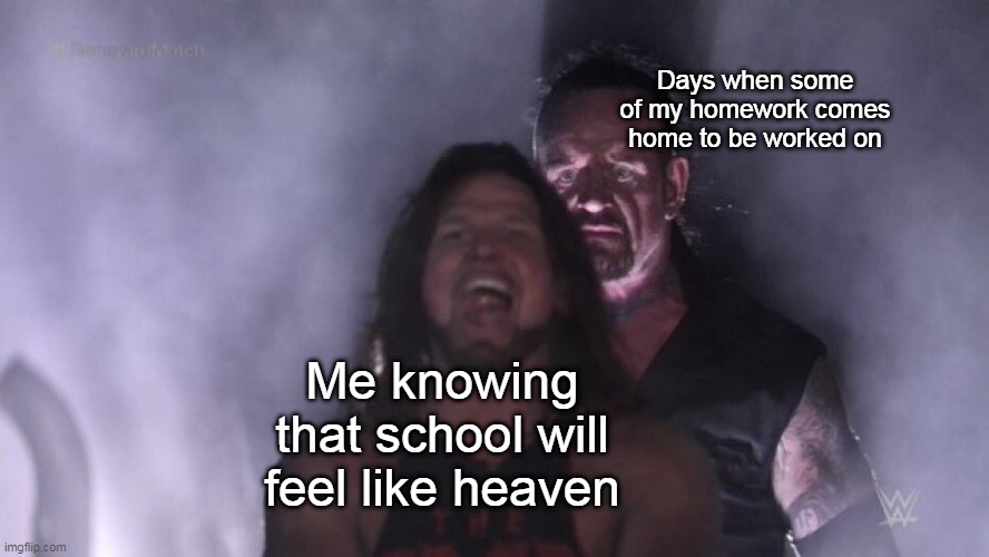 AJ Styles & Undertaker | Days when some of my homework comes home to be worked on; Me knowing that school will feel like heaven | image tagged in aj styles undertaker | made w/ Imgflip meme maker