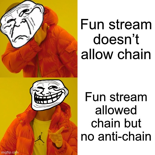 Fun stream is not home to the anti-chain | Fun stream doesn’t allow chain; Fun stream allowed chain but no anti-chain | image tagged in memes,drake hotline bling,no anti-chain,troll,funny,fun | made w/ Imgflip meme maker