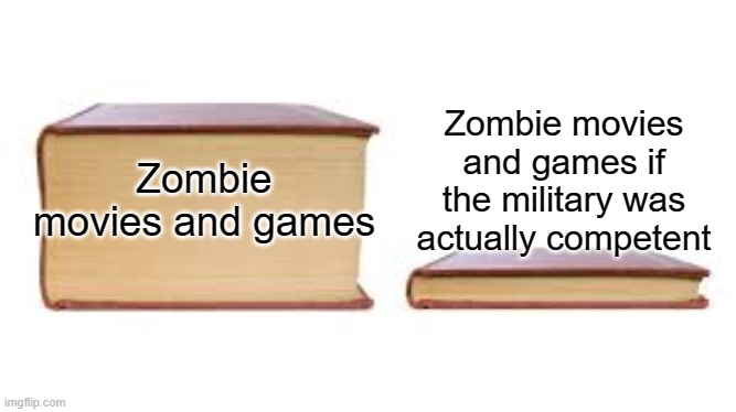 Military in zombie movies be like | Zombie movies and games if the military was actually competent; Zombie movies and games | image tagged in big book small book,zombies,military humor | made w/ Imgflip meme maker