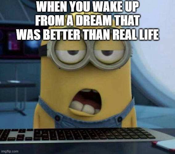 Sleepy Minion | WHEN YOU WAKE UP FROM A DREAM THAT WAS BETTER THAN REAL LIFE | image tagged in sleepy minion | made w/ Imgflip meme maker