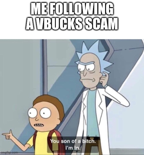 Morty You Son of a Bitch | ME FOLLOWING A VBUCKS SCAM | image tagged in morty you son of a bitch | made w/ Imgflip meme maker