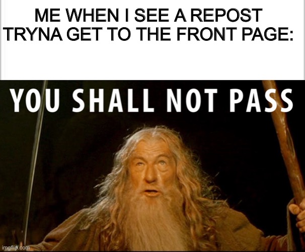 … | ME WHEN I SEE A REPOST TRYNA GET TO THE FRONT PAGE: | image tagged in white background,you shall not pass | made w/ Imgflip meme maker